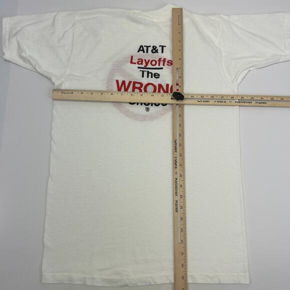 Vintage AT&T Layoffs T Shirt Mens S Small White 80s Ron Allen CWA ATT Telephone - Picture 10 of 10